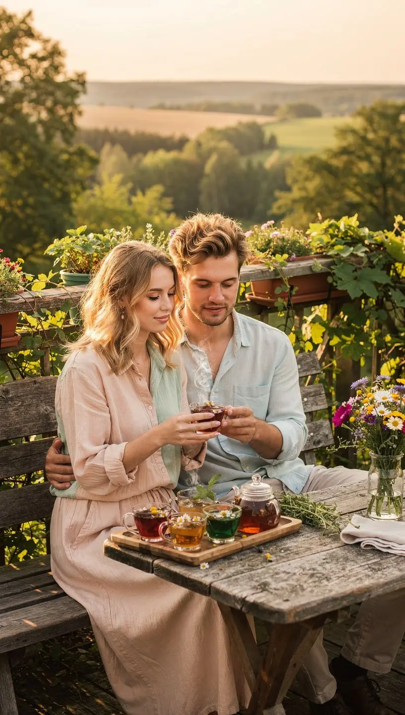 Žolelių arbatos lapeliai ir gėlių žiedai ant tekstūruoto audinio, perteikiantys natūralią sveikatingumo praktiką be medicininių priemonių.